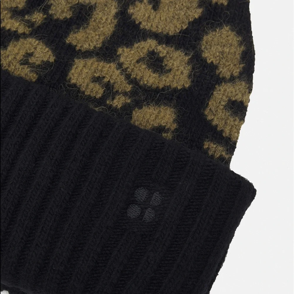 SWEATY BETTY JACQUARD LEOPARD PRINT KNIT BEANIE WOOL BLEND BLACK OS NWT